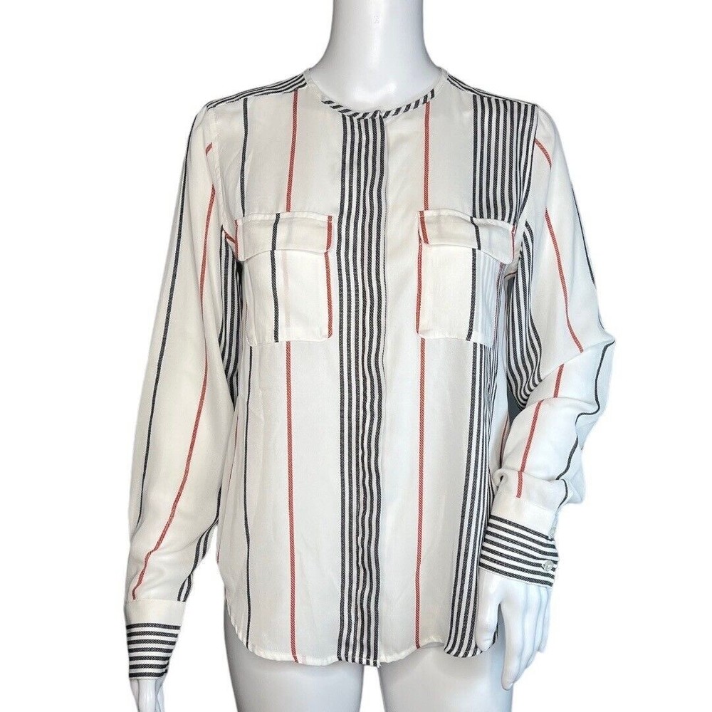 Who What Wear Shirt Womens Extra Small White Black Red Stripe Blouse Office Work